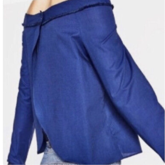 Zara blue cotton poplin split open back off the shoulder blouse top S - Picture 2 of 7